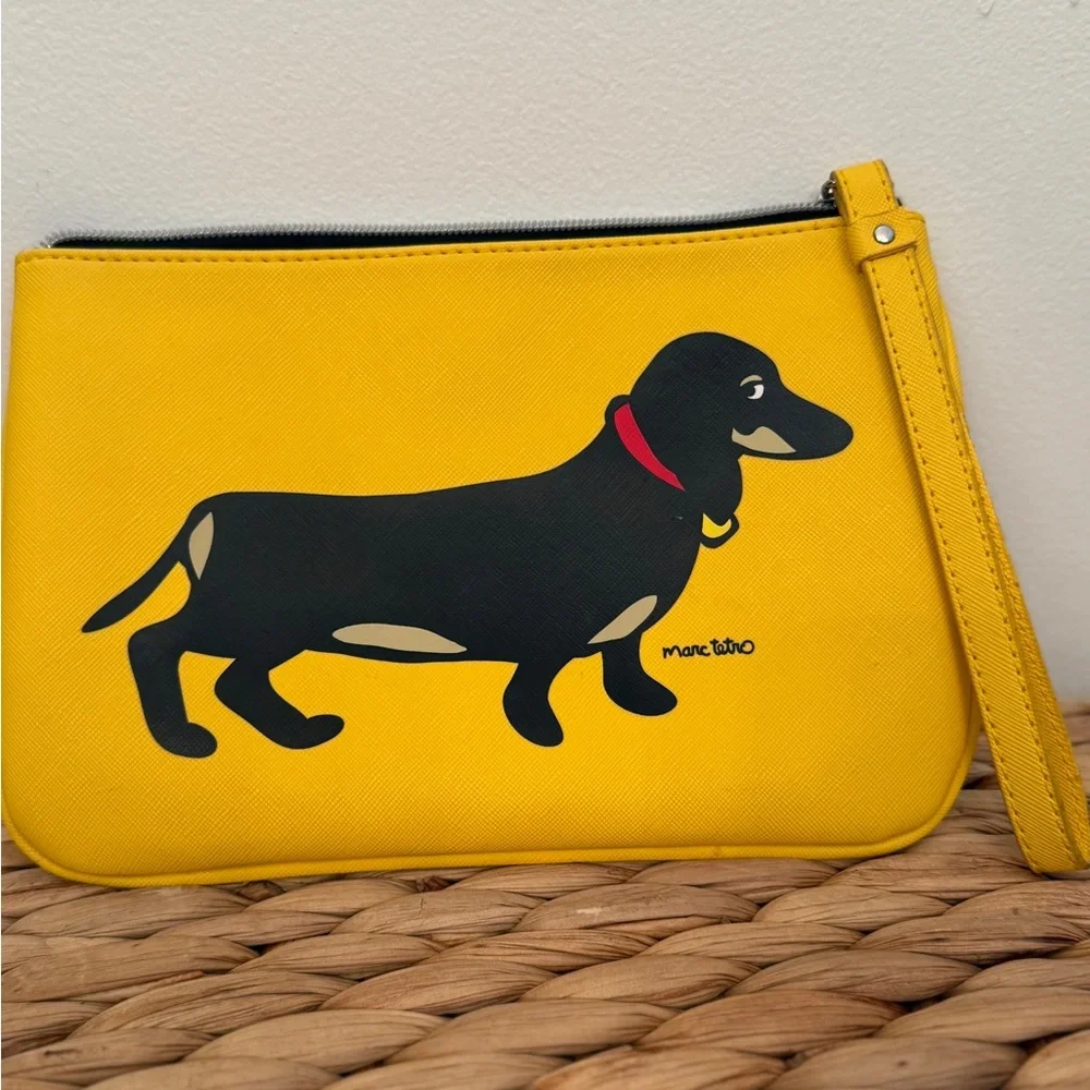 Marc Tetro Dachshund Yellow Saffiano Zip Pouch Wristlet Clutch - Doxie mom